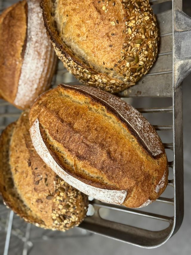 Pagnotte di pane rustico appena sfornate che si raffreddano su una griglia in cucina