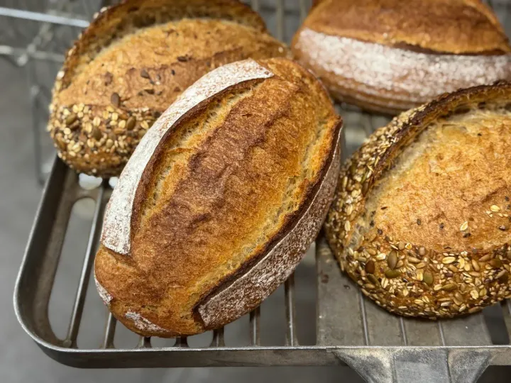 Pagnotte di pane rustico che si raffreddano su una griglia metallica