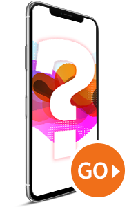 Smartphone with colorful question mark and orange “GO” button icon Smartphone with colorful question mark and orange “GO” button icon