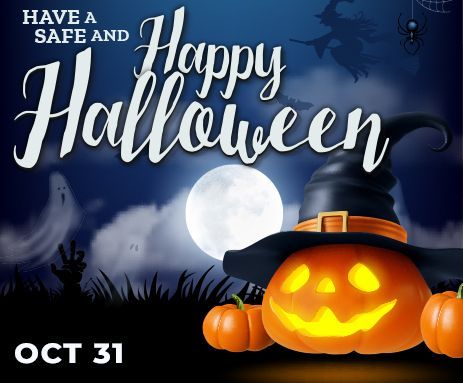 Happy Halloween card with glowing jack-o'-lanterns, full moon, bats, and Oct. 31 text