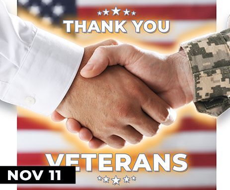 Handshake between a civilian and a soldier with “Thank You Veterans” and “Nov 11” over a U.S. flag background