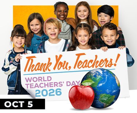 Children holding “Thank You, Teachers!” sign with globe, apple, and “World Teachers’ Day 2026” text.