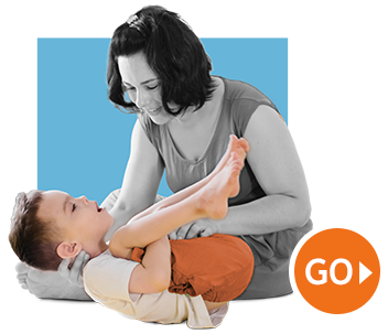 Adult guiding a child through a stretch exercise against a blue background, with an orange “GO” button icon Adult guiding a child through a stretch exercise against a blue background, with an orange “GO” button icon