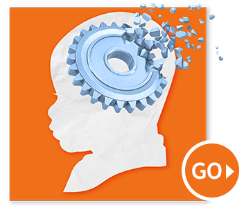 White head silhouette with blue gear pieces breaking away on orange background, with GO button White head silhouette with blue gear pieces breaking away on orange background, with GO button