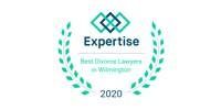 Expertise badge: Best Divorce Lawyers in Wilmington 2020, with green laurel wreath and geometric logo.