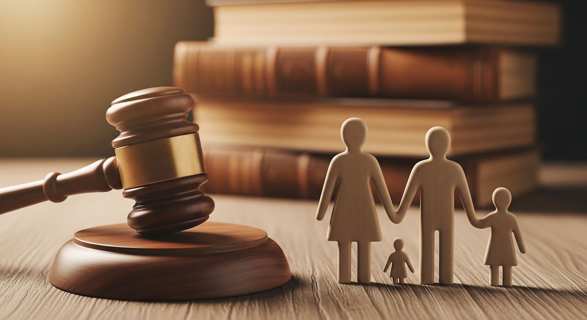 Child Visitation Rights Attorney concept with wooden gavel and family figures beside law books