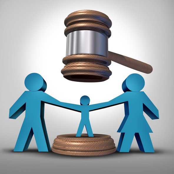 Stylized illustration: parents pulling on child, gavel above, representing child custody.