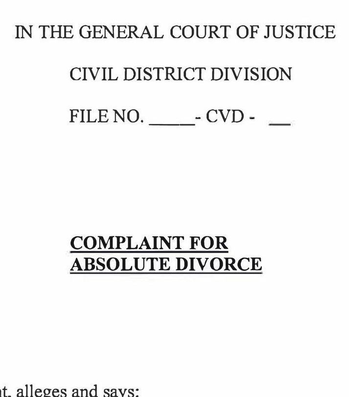Court document: Complaint for Absolute Divorce, with file number and court details.