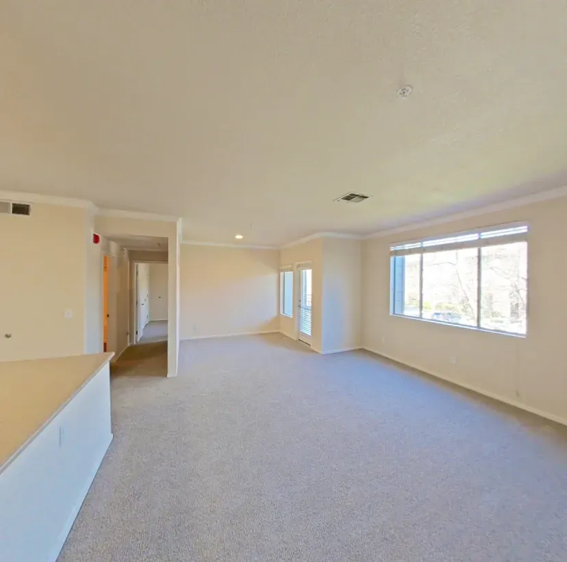 Spacious living room with large windows and carpeted floors.