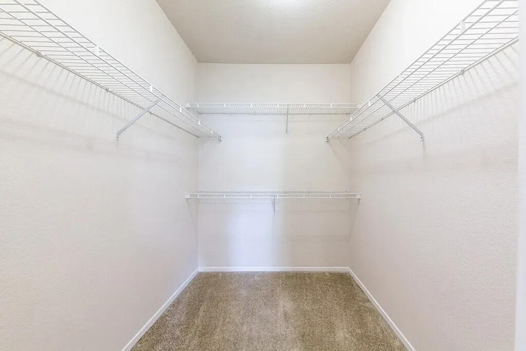 Empty walk-in closet with shelves