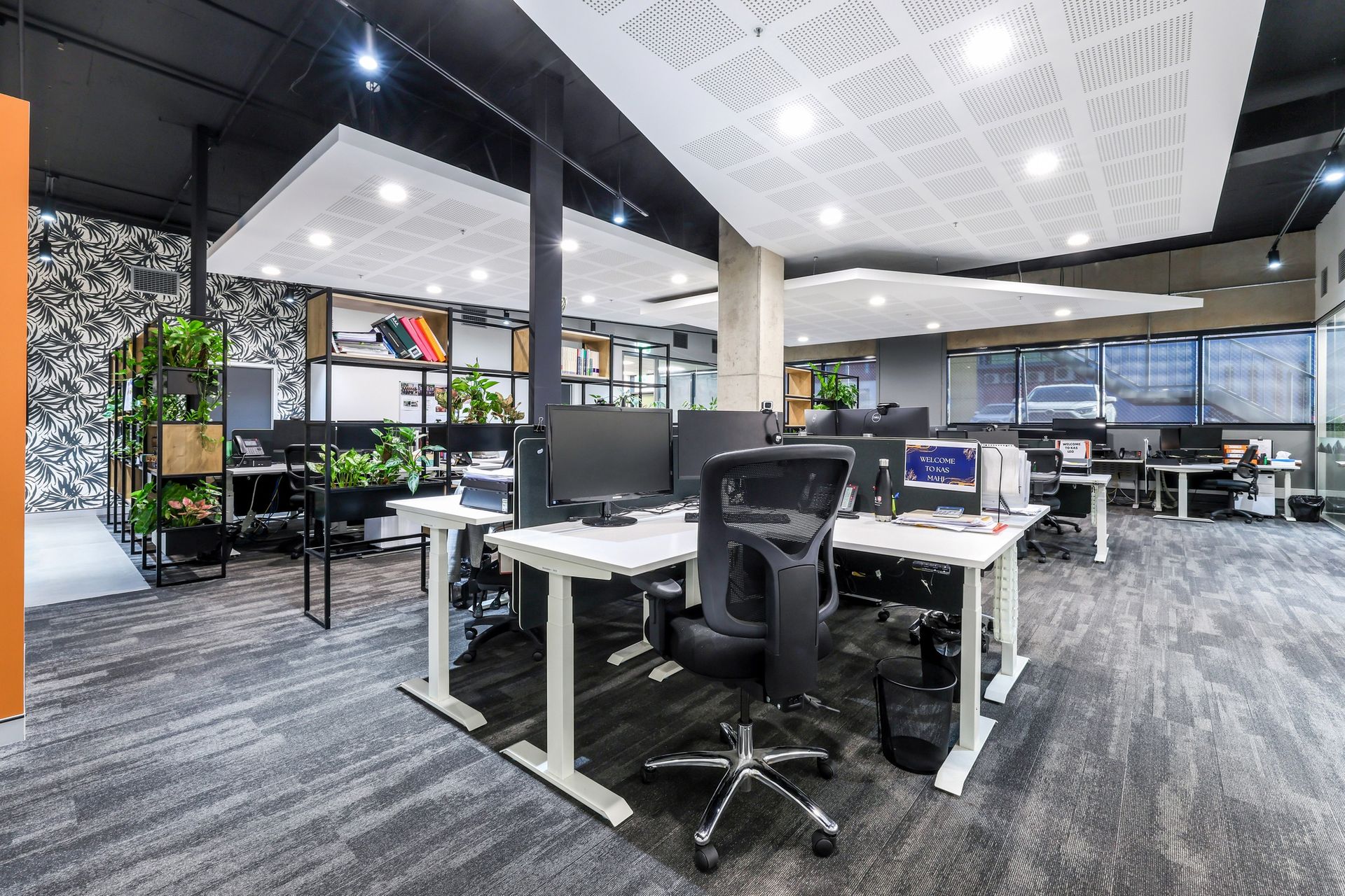 A modern, open-plan office with desks, black ergonomic chairs, and decorative ceiling panels over a gray carpeted floor. — Invision NT in Coconut Grove, NT