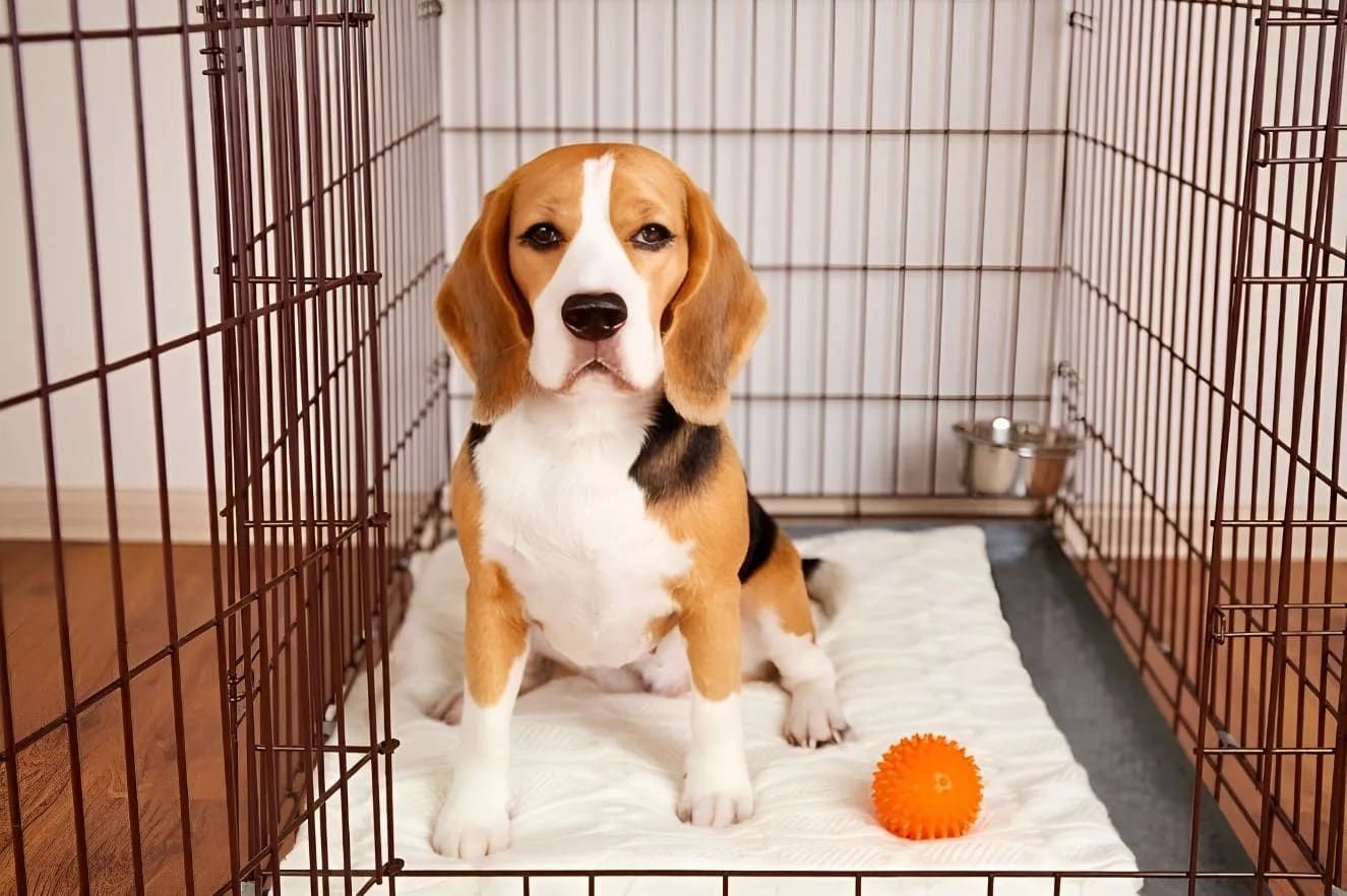 Beagle Dog Sitting in a Crate, Looking Forward — Blue & White Vet Surgery in Woolgoolga, NSW