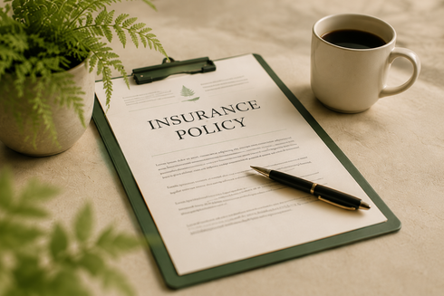 Home insurance policy, notebook, laptop, and glass on a white desk with a plant