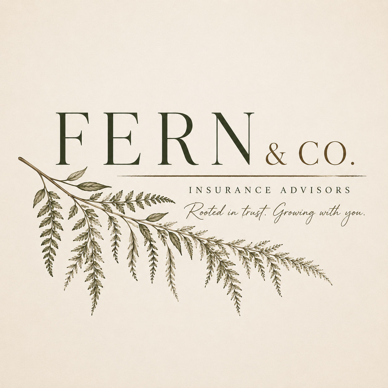 Fern & Co. logo with leafy branch illustration on a cream background