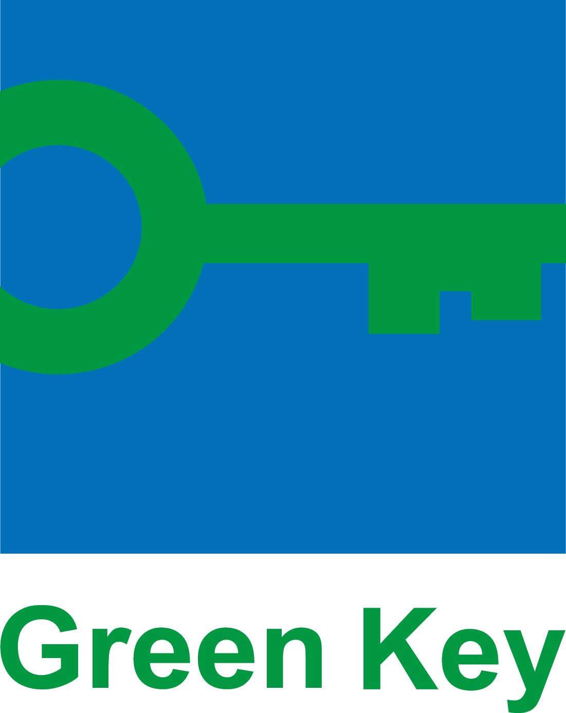 The green key logo is on a blue background