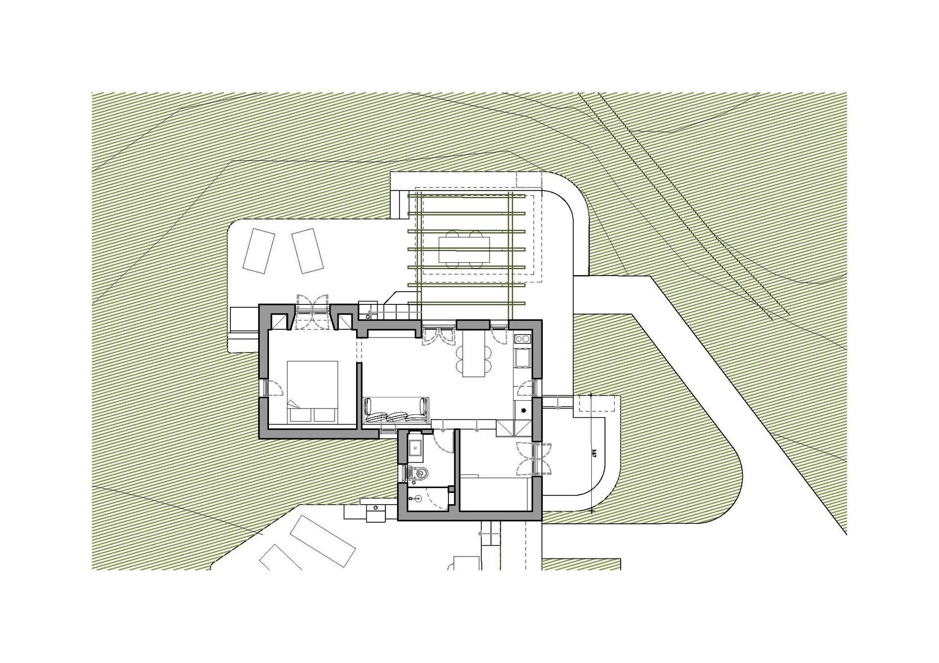 A black and white floor plan of a house on a hill.