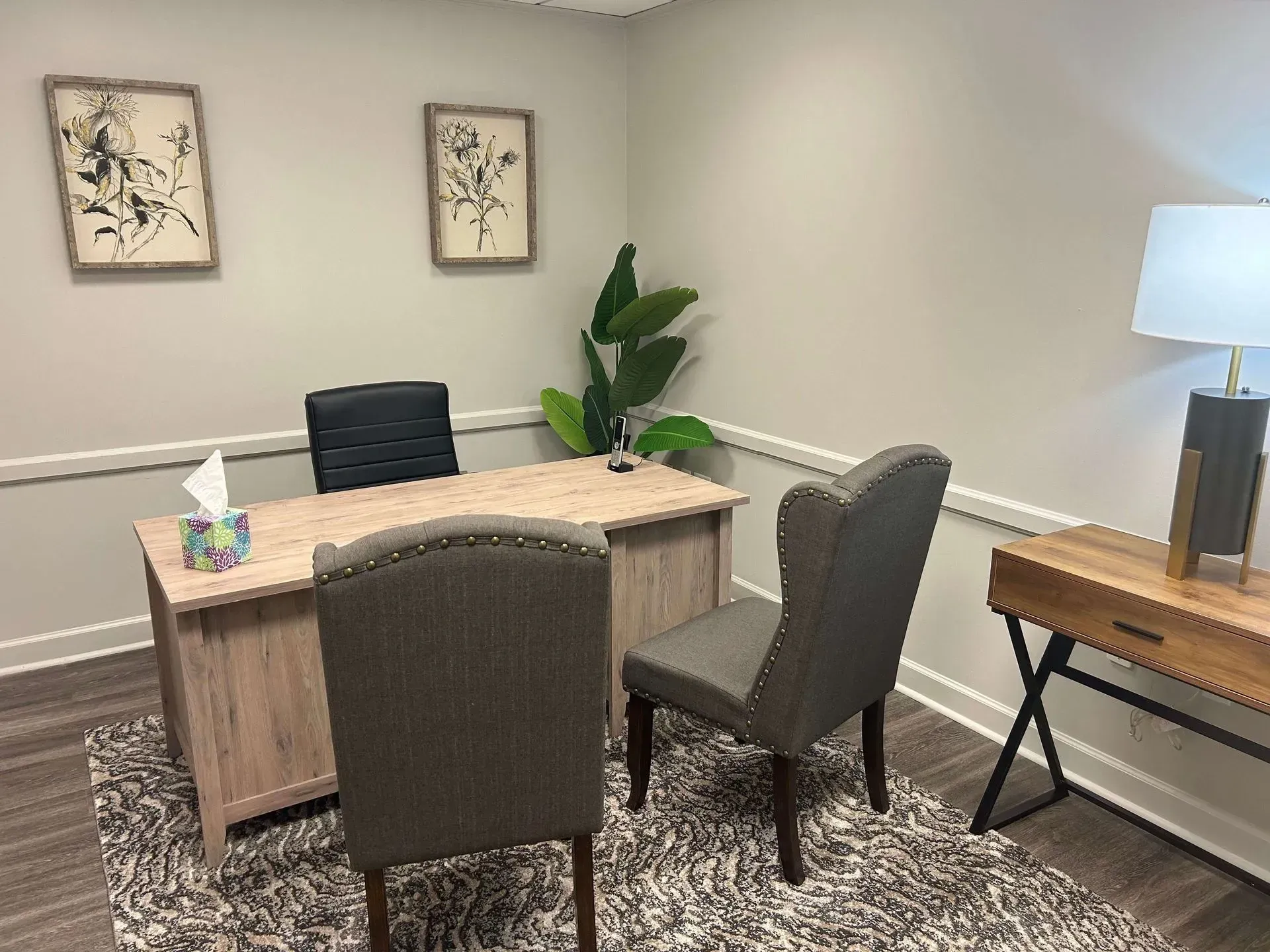 A professional office with a light wood desk, two gray chairs, a black chair, a green plant, and a side table with a lamp.