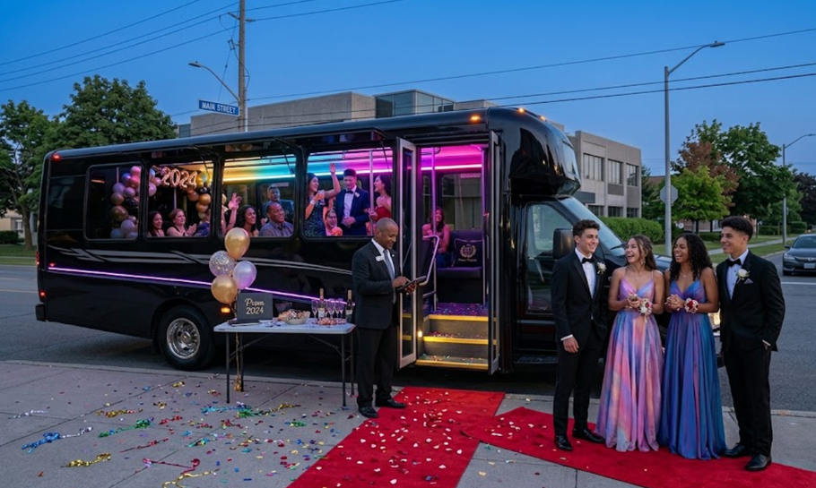 Decorated black party bus at dusk with red carpet, balloons, and a group posing beside it