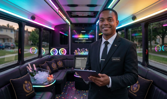 Luxury shuttle interior with a smiling attendant holding a tablet, neon lighting, and a table setting