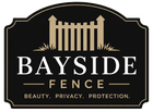 Bayside Fence Logo with Black and Gold Sign Emblem, Fence Graphic, Tagline, and Company Name in Bayside, WI