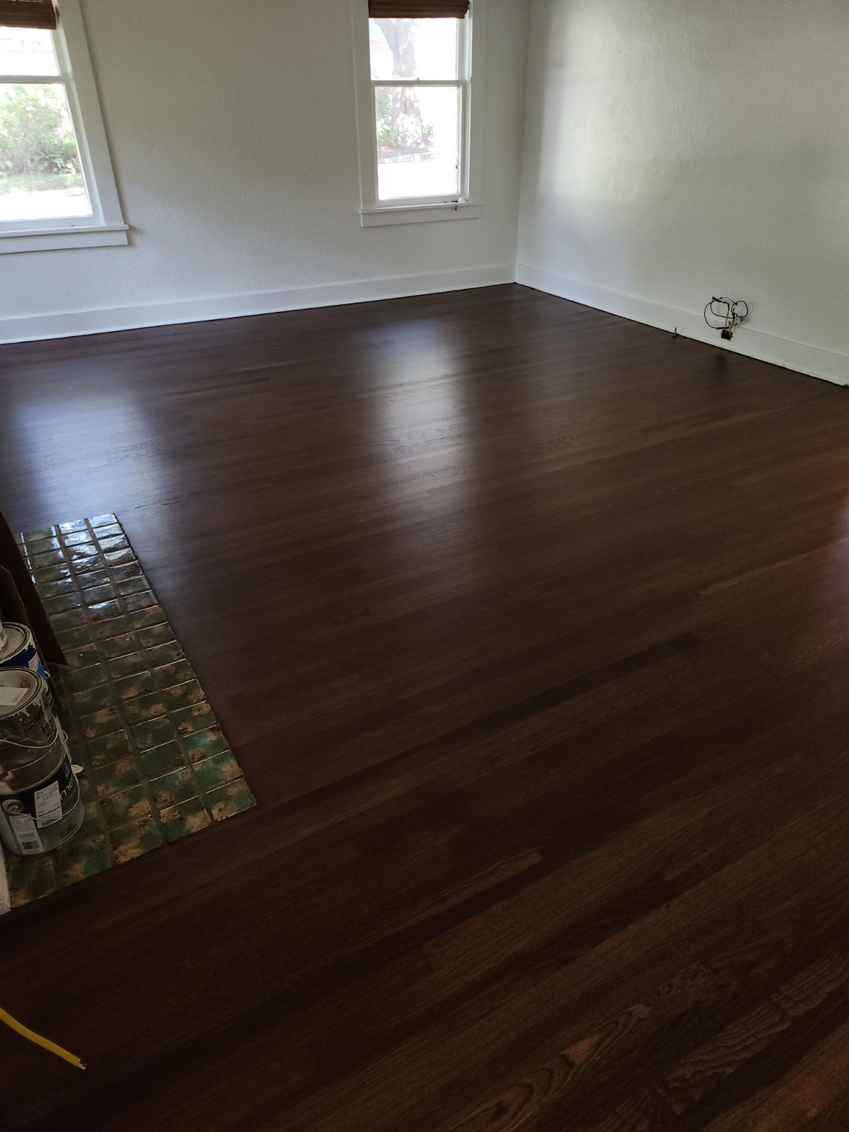 Empty room with dark hardwood floors and two windows letting in natural light