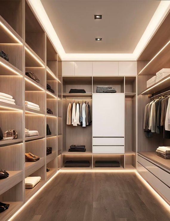 Modern walk-in closet with warm lighting, wood shelves, hanging clothes, and a central white cabinet.