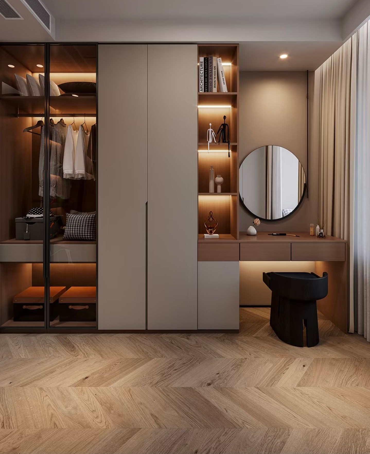 Walk-in closet with dark wood shelving, clothing, drawers, and an ottoman on a checkered rug, with warm lighting.