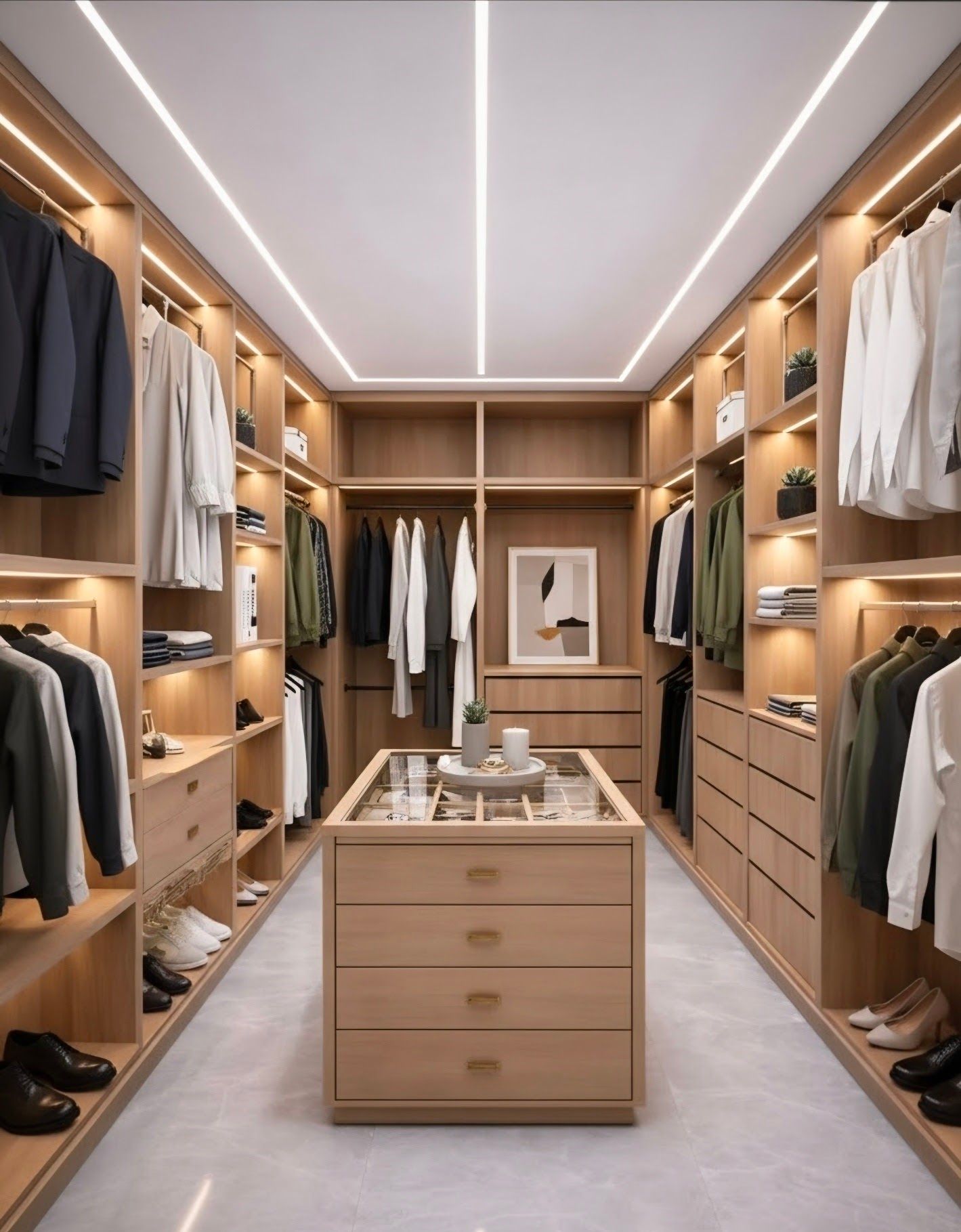 Closet with multiple shelves holding various shoes. Light wood shelves and white walls.