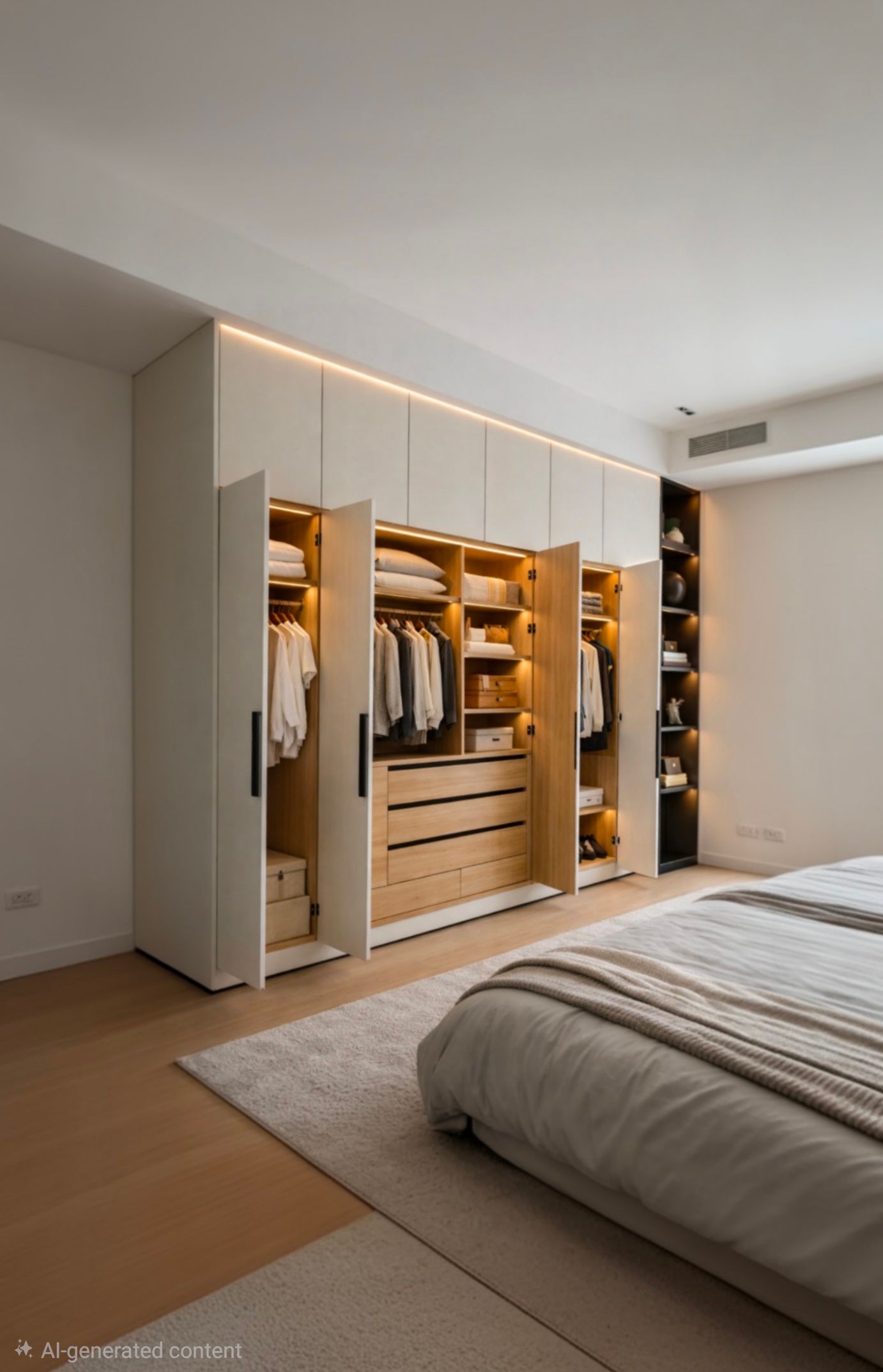 A built-in closet with open doors reveals storage for clothes, shoes, and a vacuum cleaner.