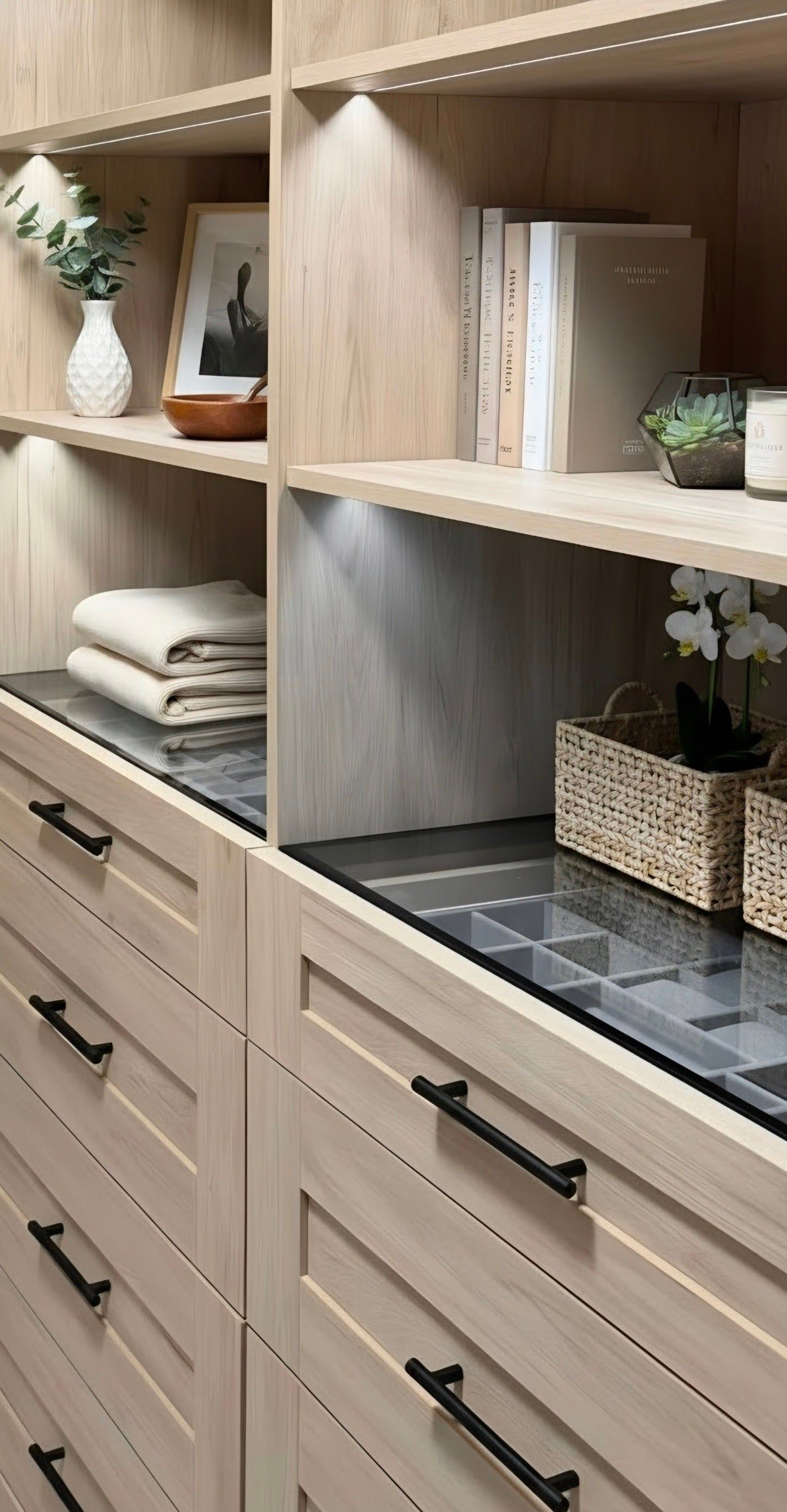 Built-in wooden cabinets with shelves, books, baskets, folded towels, and decorative vases.