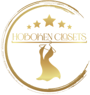 Gold logo for Hoboken Closets: dress on hanger, surrounded by gold circle, stars above text.