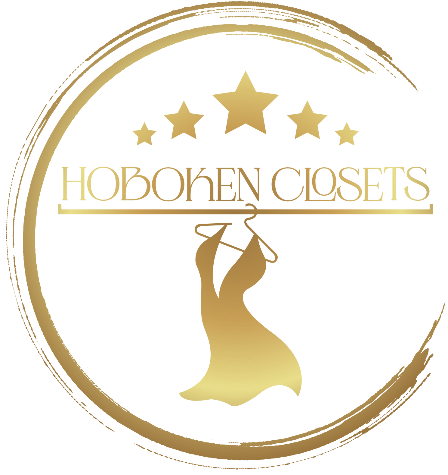 Gold logo for Hoboken Closets: dress on hanger, surrounded by gold circle, stars above text.