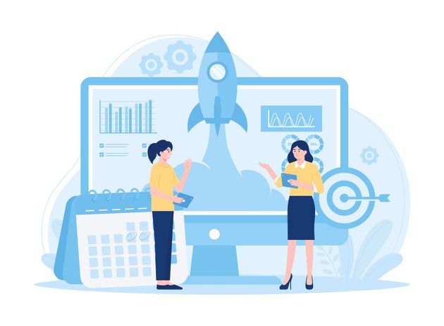 Two women beside a computer with a rocket taking off. Graphs, a calendar, and a target are shown. Two women beside a computer with a rocket taking off. Graphs, a calendar, and a target are shown.