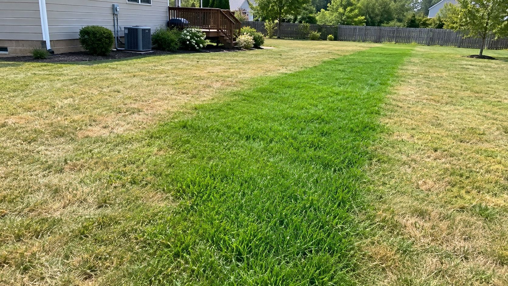 Backyard lawn with a green strip of grass running through dry yellow grass beside a house