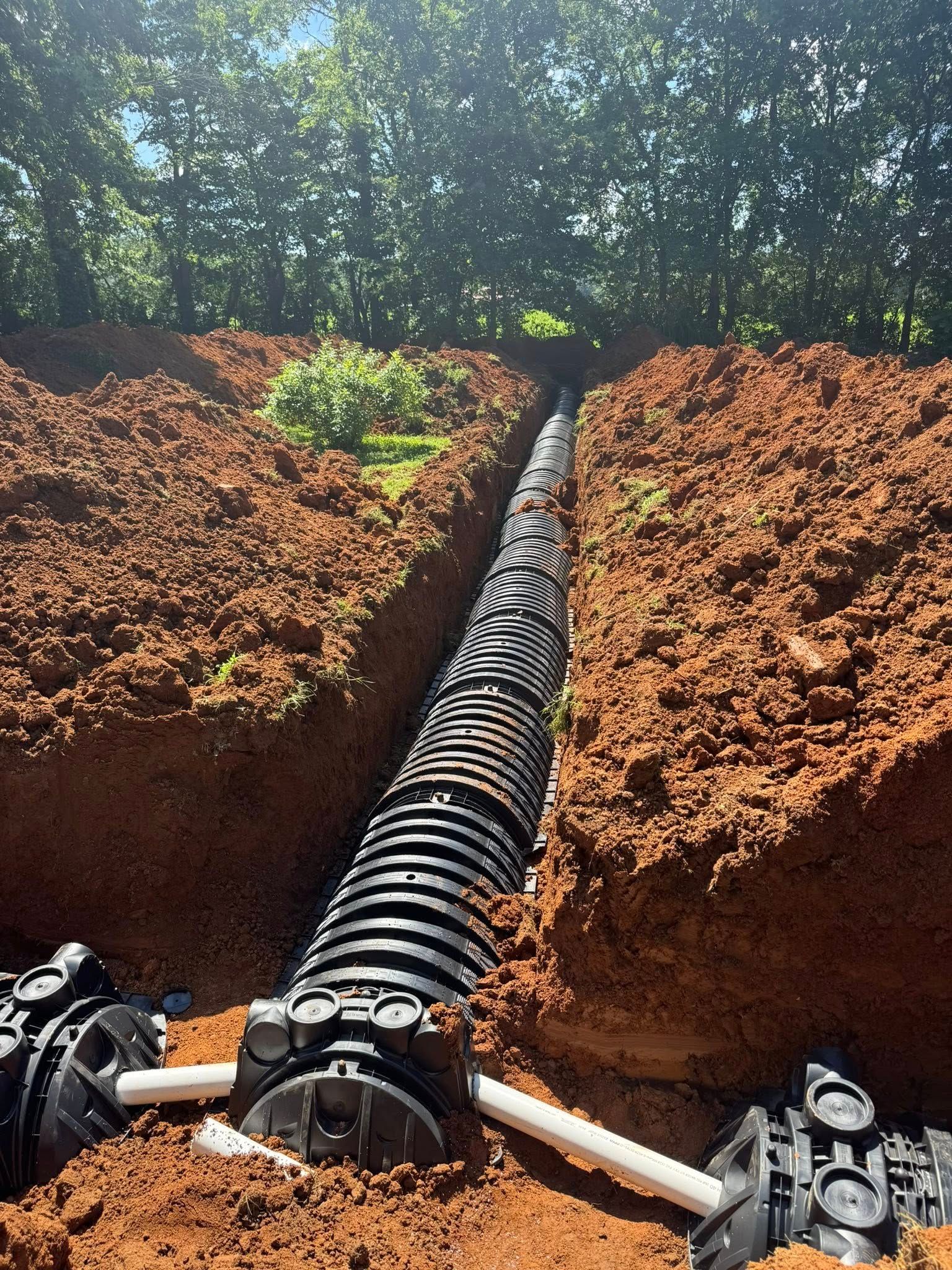 Drainage system installation: black corrugated pipe in a trench, brown soil, and trees in the background.