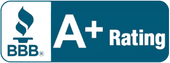 BBB A+ Rating logo. A flame logo in white and BBB logo on the left with A+ Rating on the right, all in a blue background.
