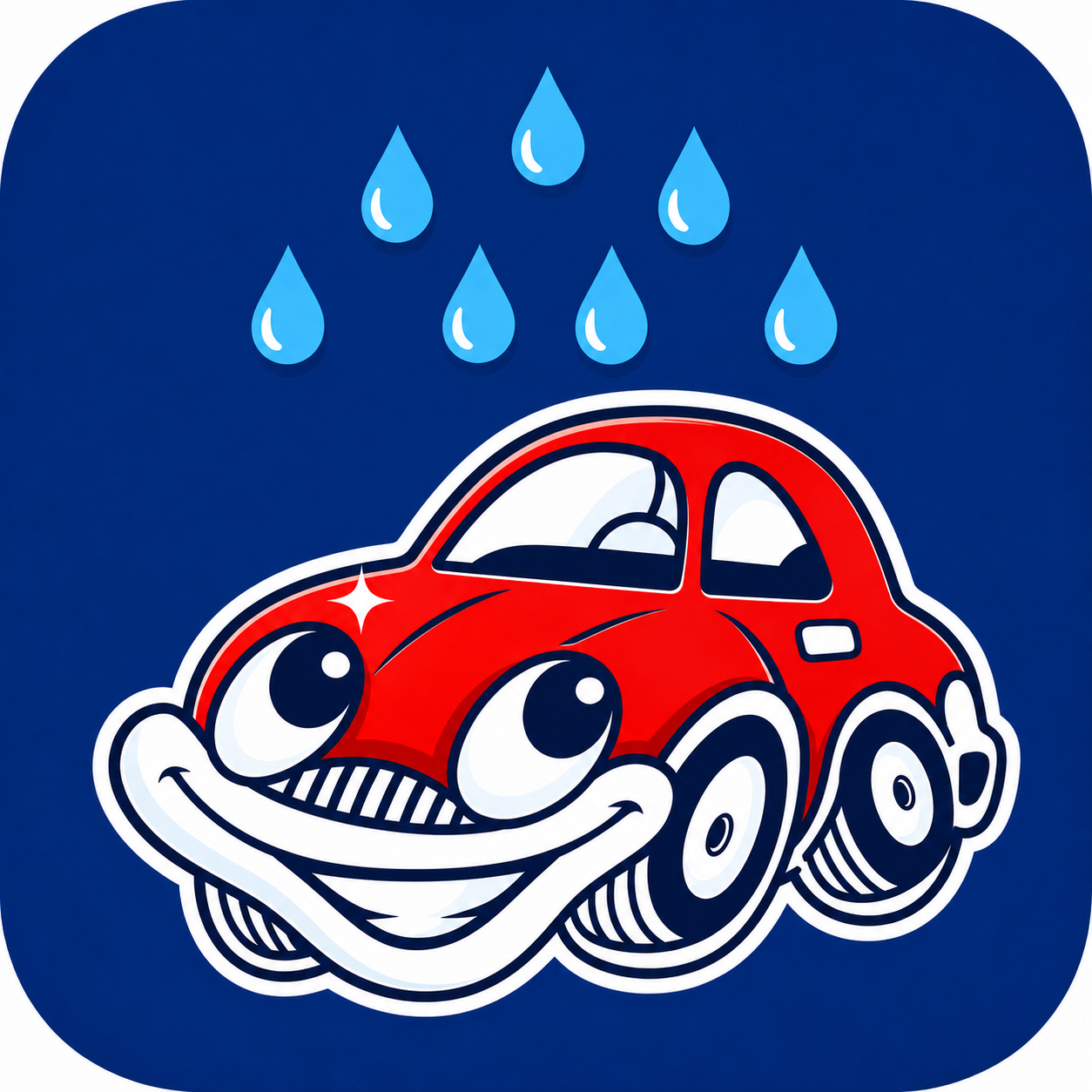 Scrubs Car Wash Cartoon red car smiling under blue raindrops on a blue background