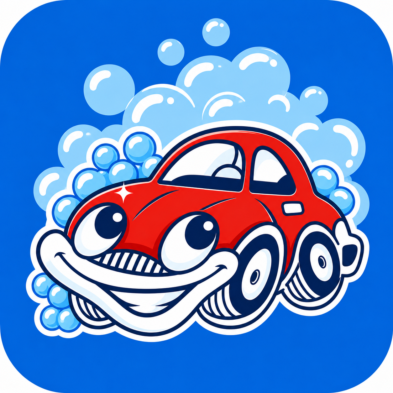 Cartoon red car smiling amid blue bubbles on a bright blue background Scrubs Car Wash