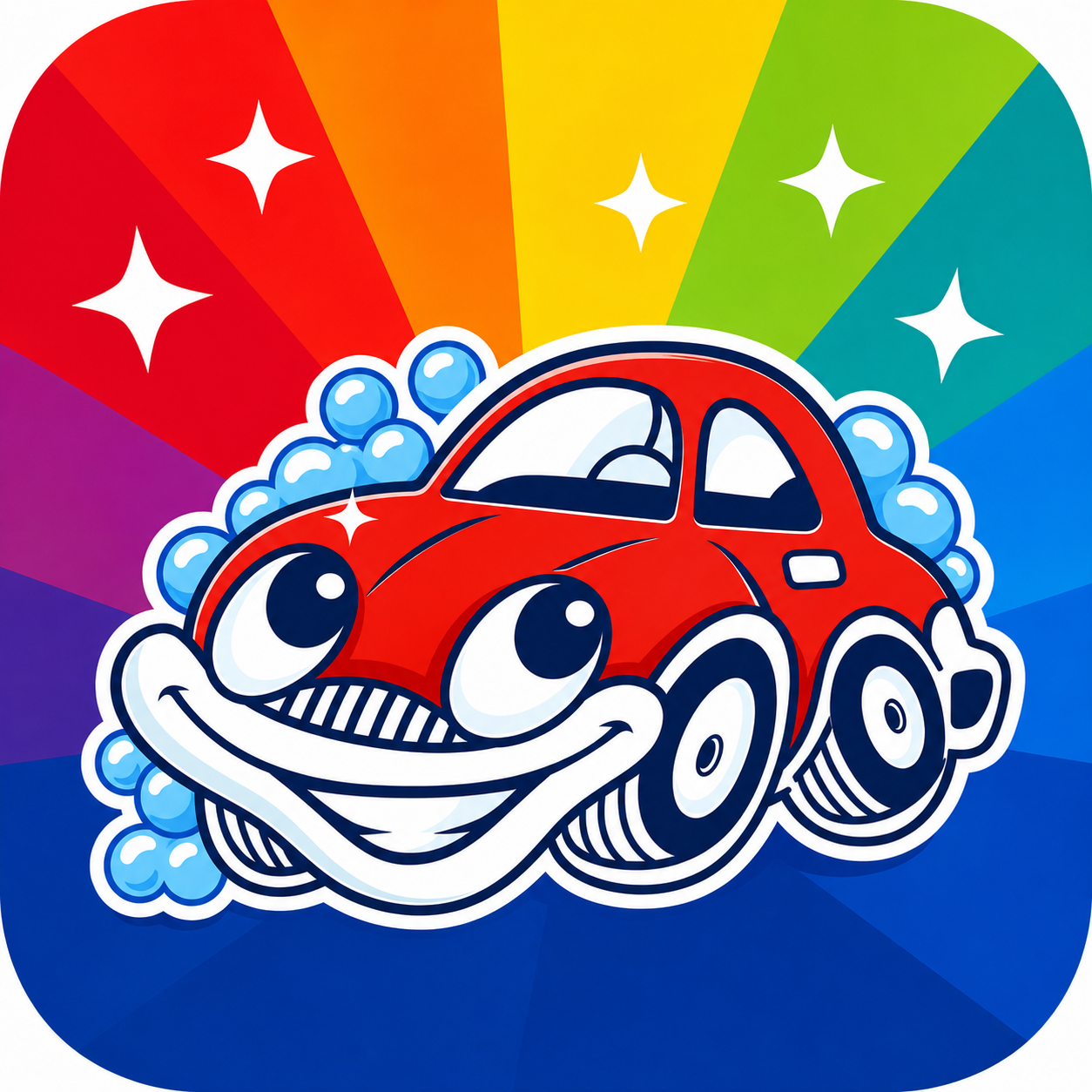 Scrubs Car Wash Red smiling cartoon car with soap bubbles on a rainbow background