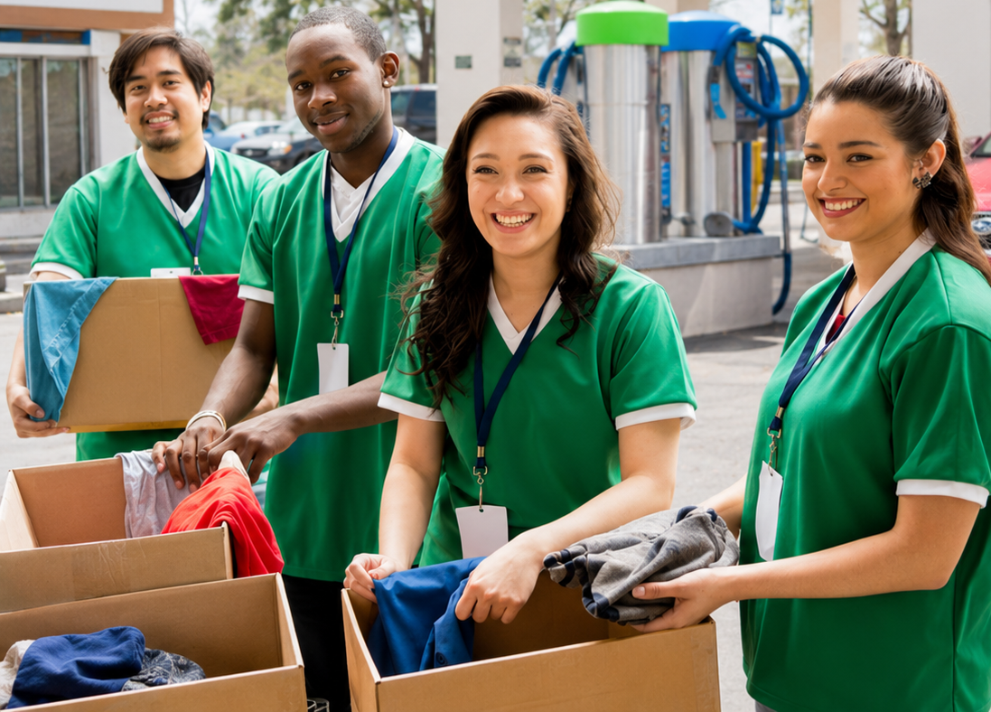 Volunteers in green polos packing donated clothes into cardboard boxes outdoors