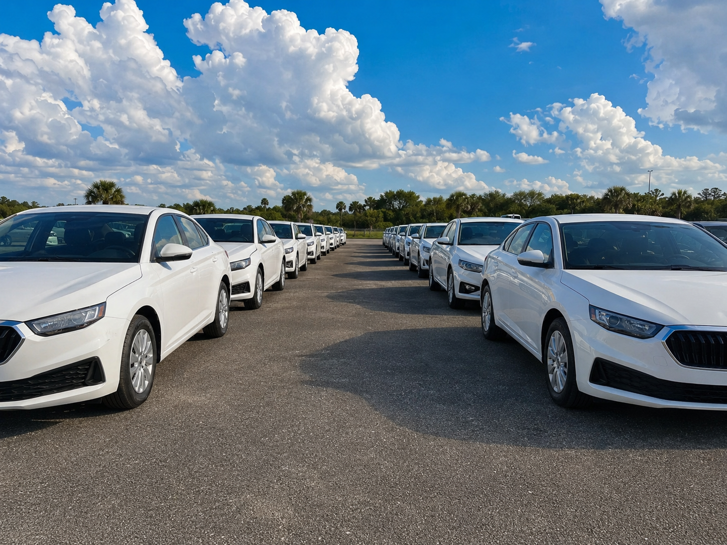 Rows of white cars parked in a lot under a blue sky with cloudsScrubs Car Wash
