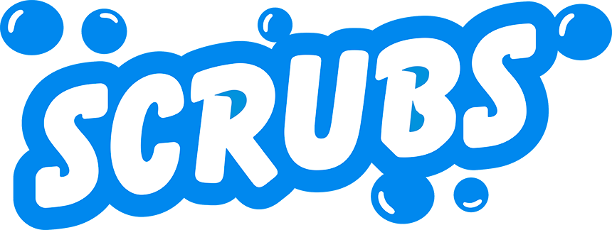 Blue “SCRUBS” logo with bubbly white letters and small blue bubbles on a white backgroundScrubs Car Wash