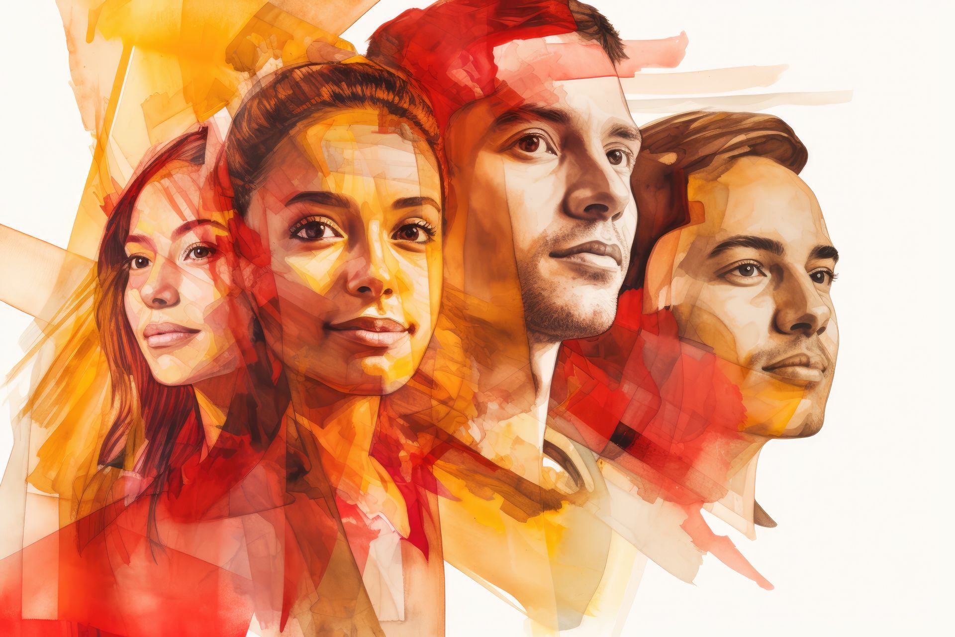 Four diverse young adults looking forward, in watercolor style with orange/yellow hues.