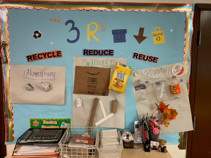 A bulletin board with the words recycle reduce and reuse on it