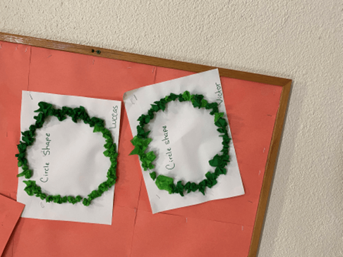 Two circles made out of green leaves are on a bulletin board