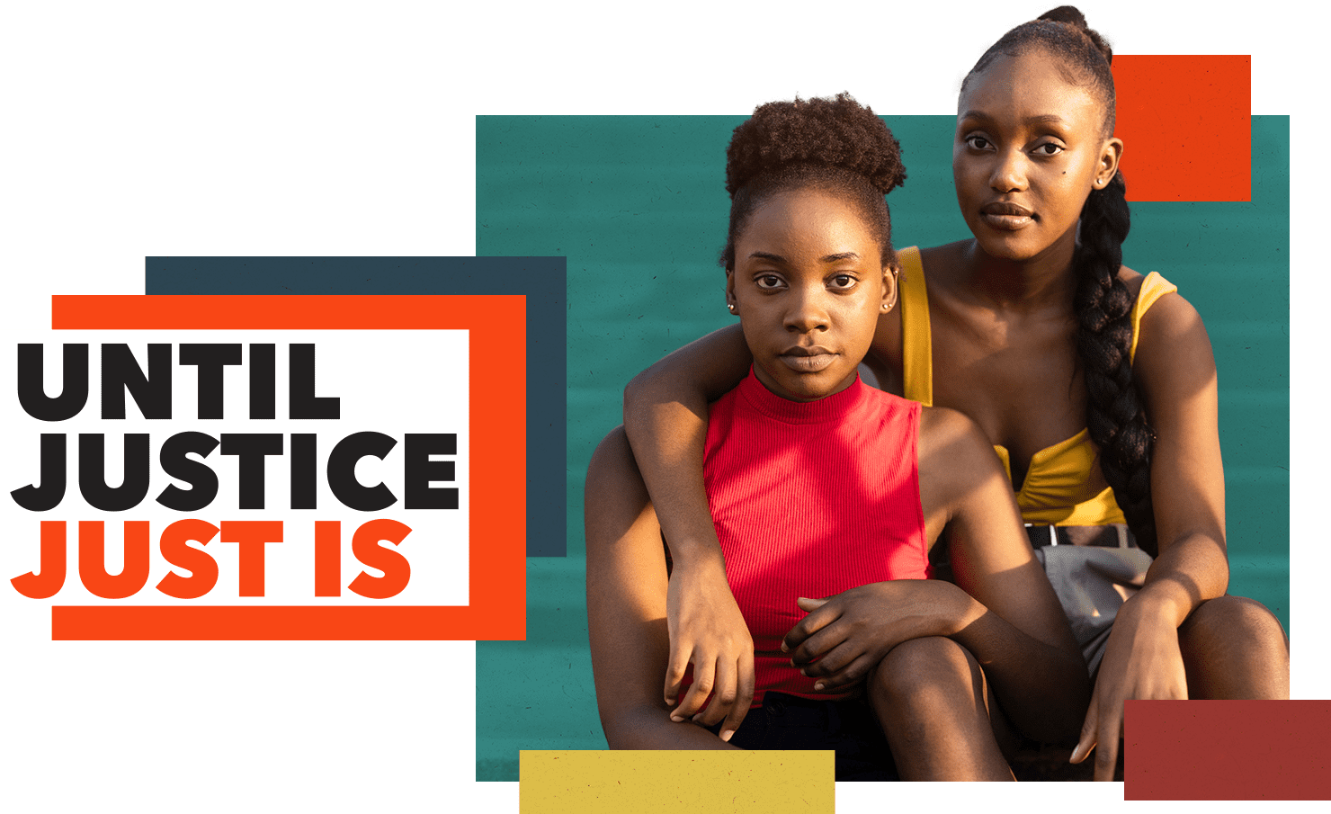 two women are sitting next to each other with the words `` until justice just is '' behind them .