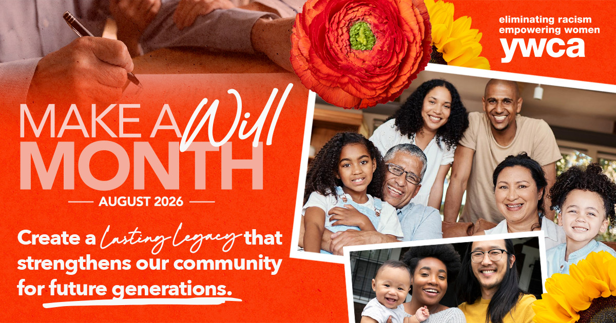 YWCA “Make a Will Month” poster with orange background and a smiling family collage.