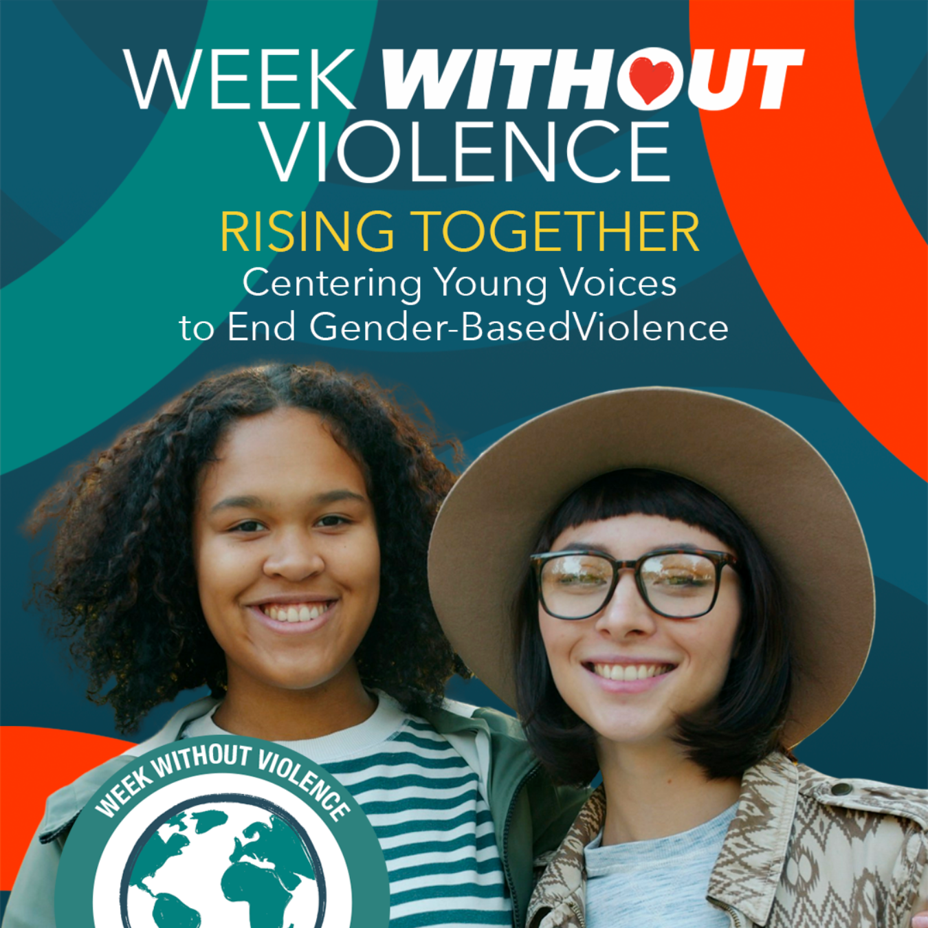 Week Without Violence poster with two smiling people and text: Rising Together, ending gender-based violence