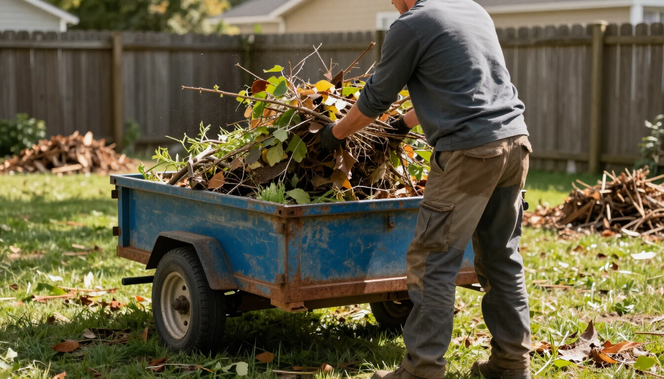 Person loading yard waste into a blue trailer in a backyard.