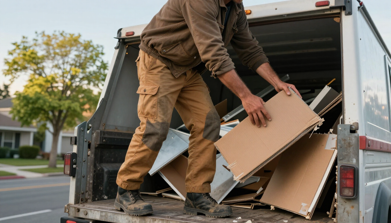 Person loading flattened cardboard into the back of a truck outdoors.